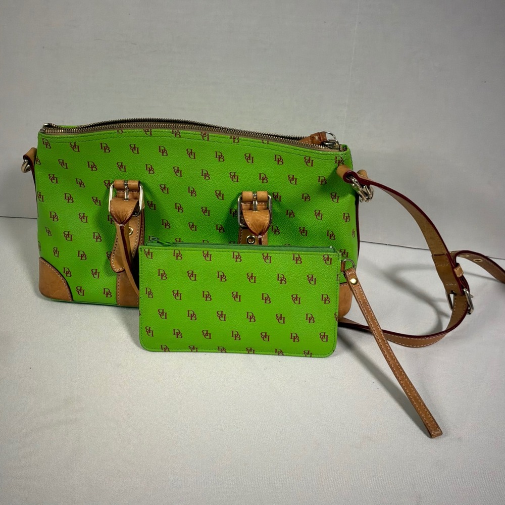 Dooney &Bourke  Green Apple DB Monogram Leather Trim Satchel & Wristlet COA